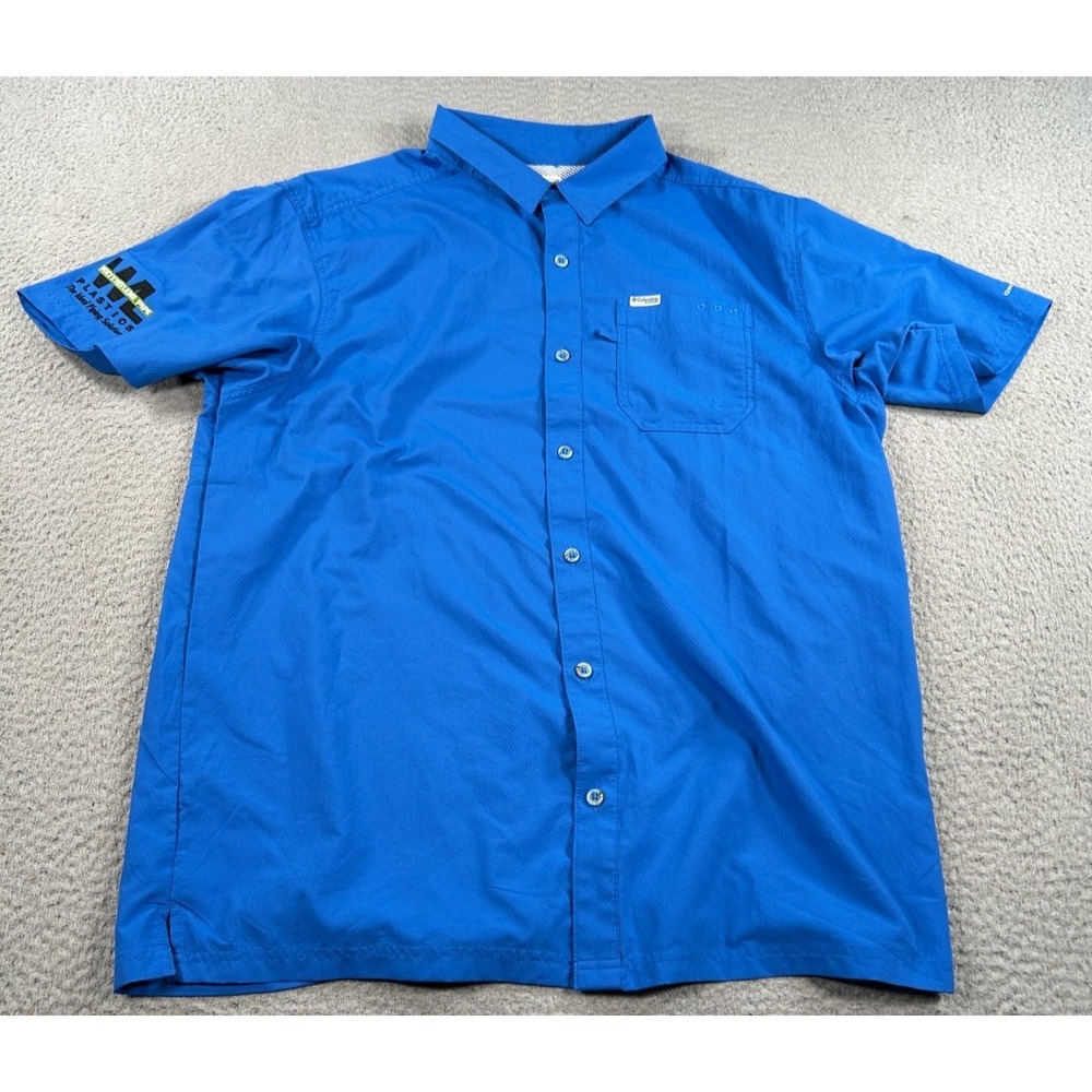 Columbia PFG Shirt Men Large Omnishade Blue Button Up Fishing Performance Vented